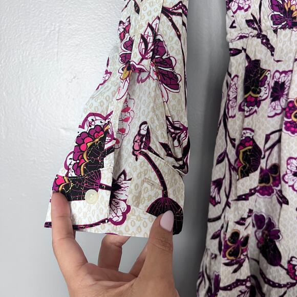 LOFT Floral Tunic Blouse Women’s Size SP White Purple Print 3/4 Bell Sleeve Top - Picture 4 of 7
